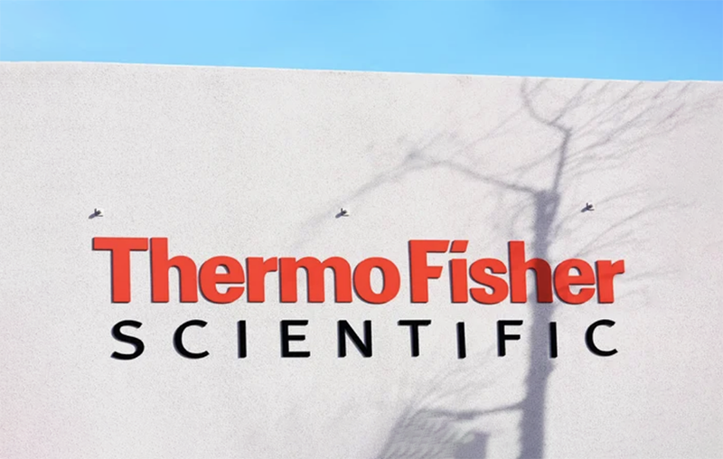 Logo of ThermoFisher Scientific on the side of a building that decided to do a major layoff