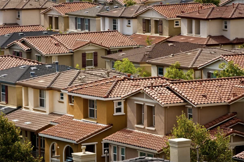 Aerial view of suburban neighborhood in Los Angeles, CA