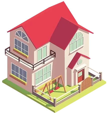 Vector illustration of a two-story house with a red roof, front yard and swings